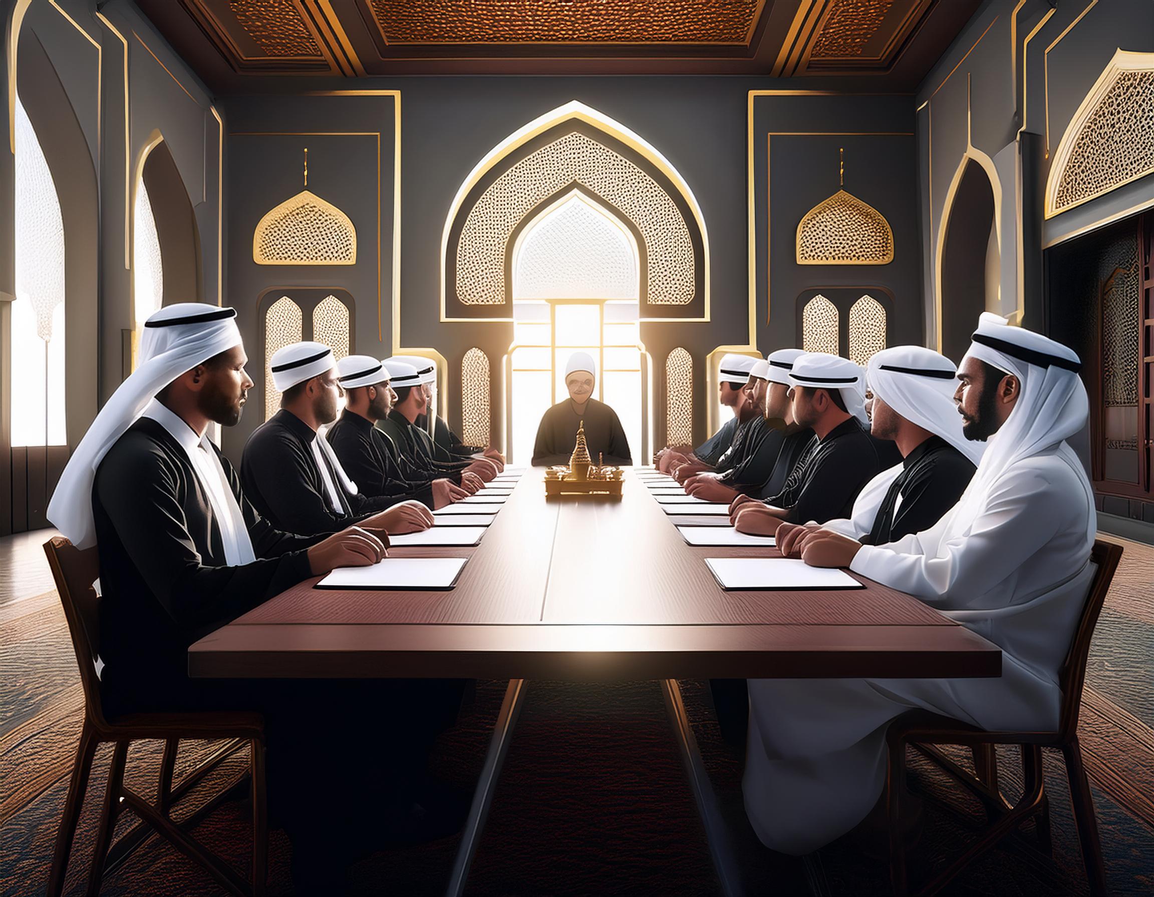 Firefly bestuur van een moskee, groep mensen die aan een tafel zit te overleggen. 4k photorealistic (7)